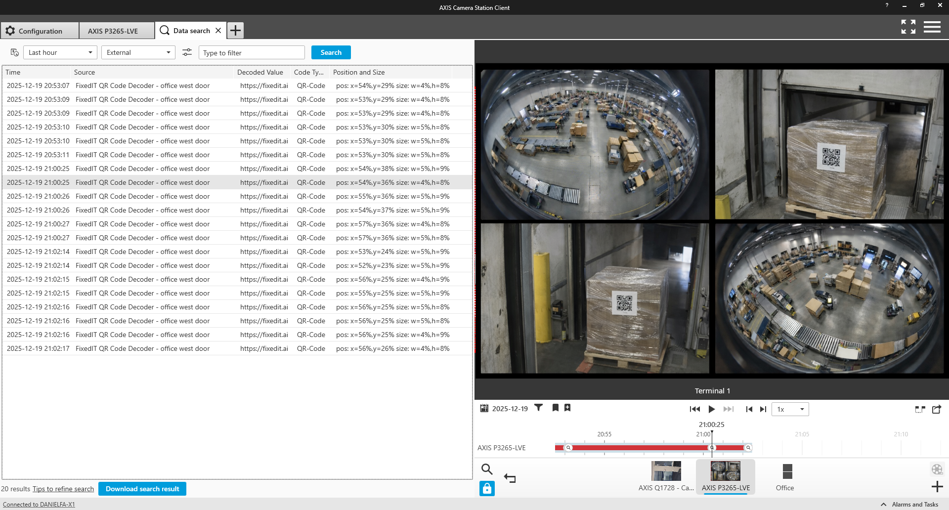 With the FixedIT QR Code Decoder, you can search for QR code data directly in the Axis Camera Station VMS.