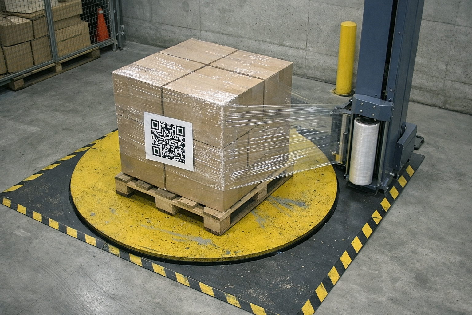 A QR code used to identify a pallet while shrink wrapping it.