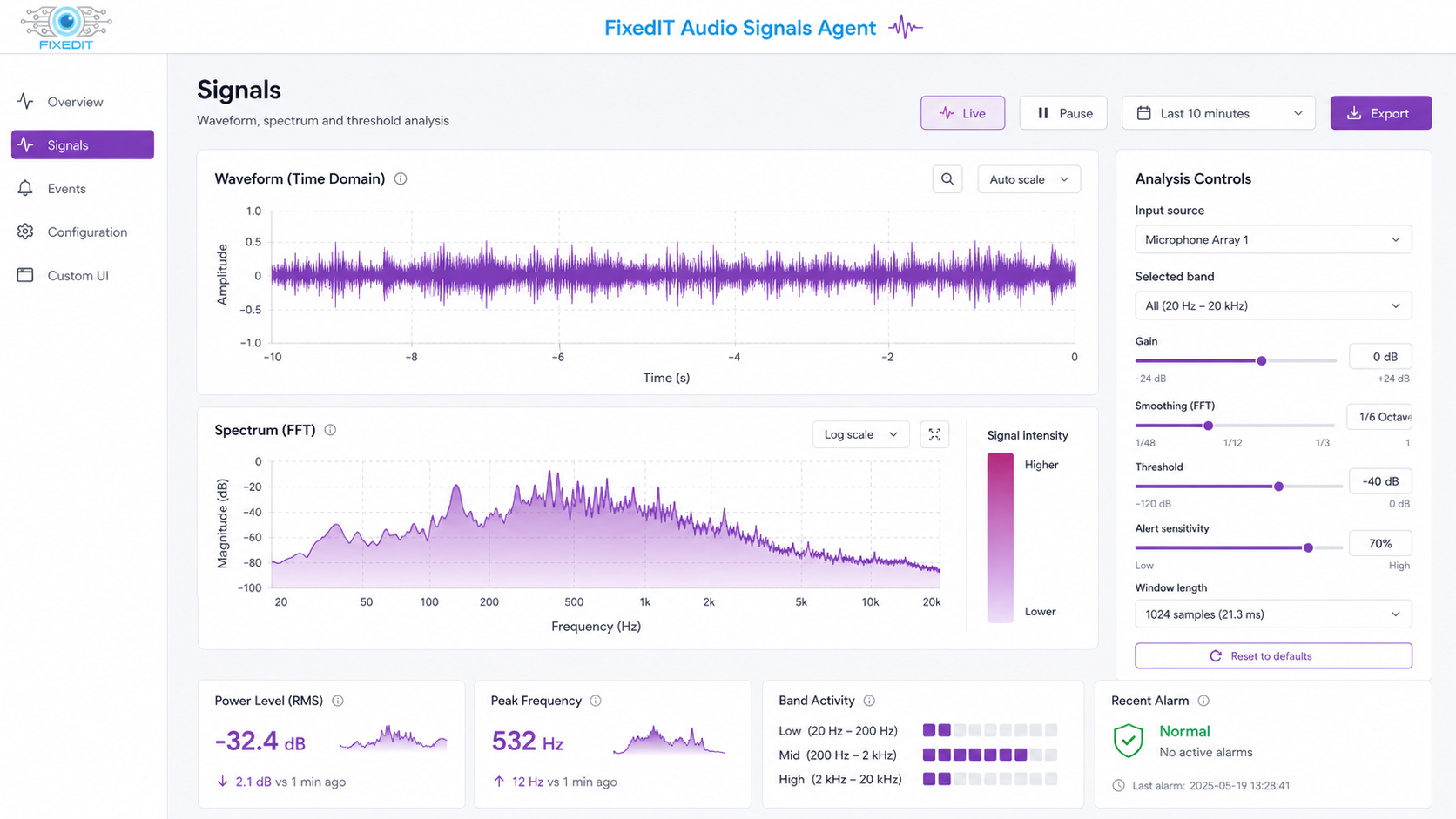 The FixedIT Audio Signals Agent lets you detect and analyse audio events and signals directly in your Axis devices