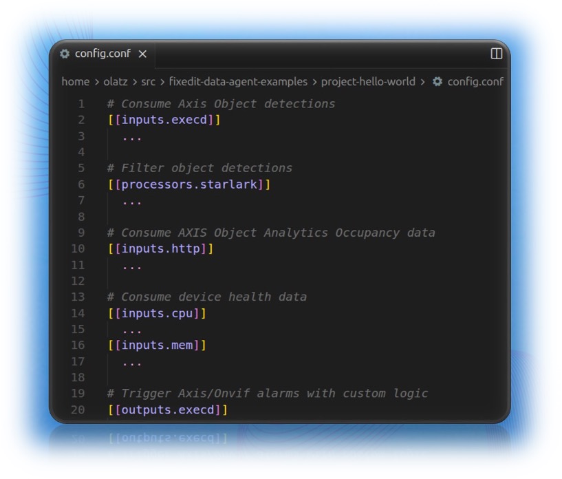 A simple workflow definition for the FixedIT Data Agent (consuming object detections and health metrics from the camera and producing Axis/Onvif events)