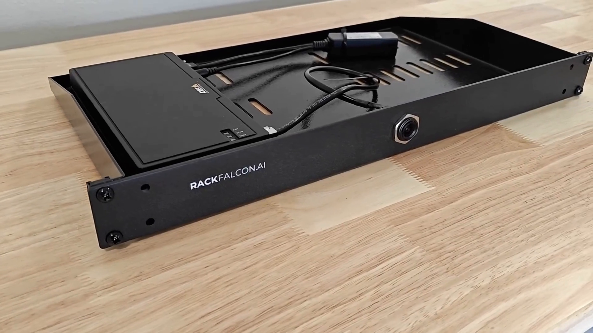 An Axis camera in a 1U rack using RackFalcon hardware