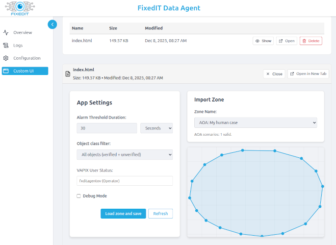 Image of a custom web UI in an Axis camera using the FixedIT Data Agent