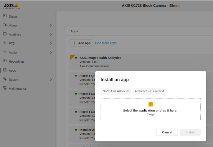 Image of the UI when installing an ACAP app in the Axis cameras